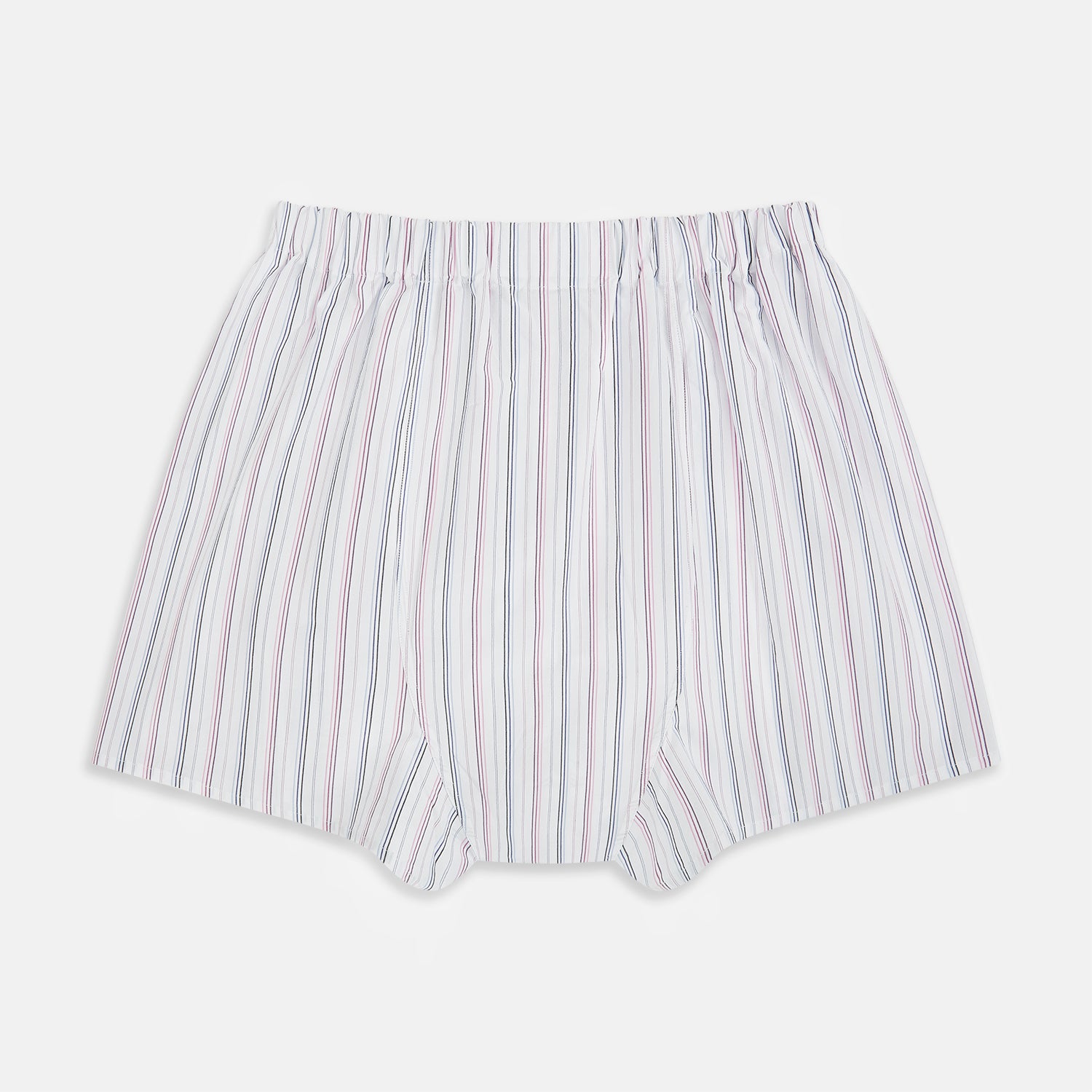 View 2 of product The Purple Multi-Stripe Godfrey Boxer Shorts by Turnbull & Asser are loose-fitting, knee-length, and made from luxury Italian cotton with vertical light blue, red, and navy stripes on a white background.