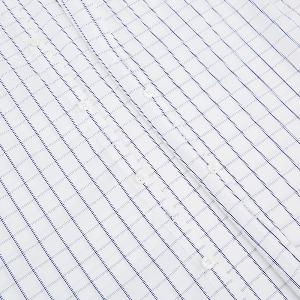 A Dark Navy Double-Line Checked Westminster Shirt by Turnbull & Asser, featuring button-down front, pointed collar, and buttoned cuffs—displaying British craftsmanship—laid flat on a white background.