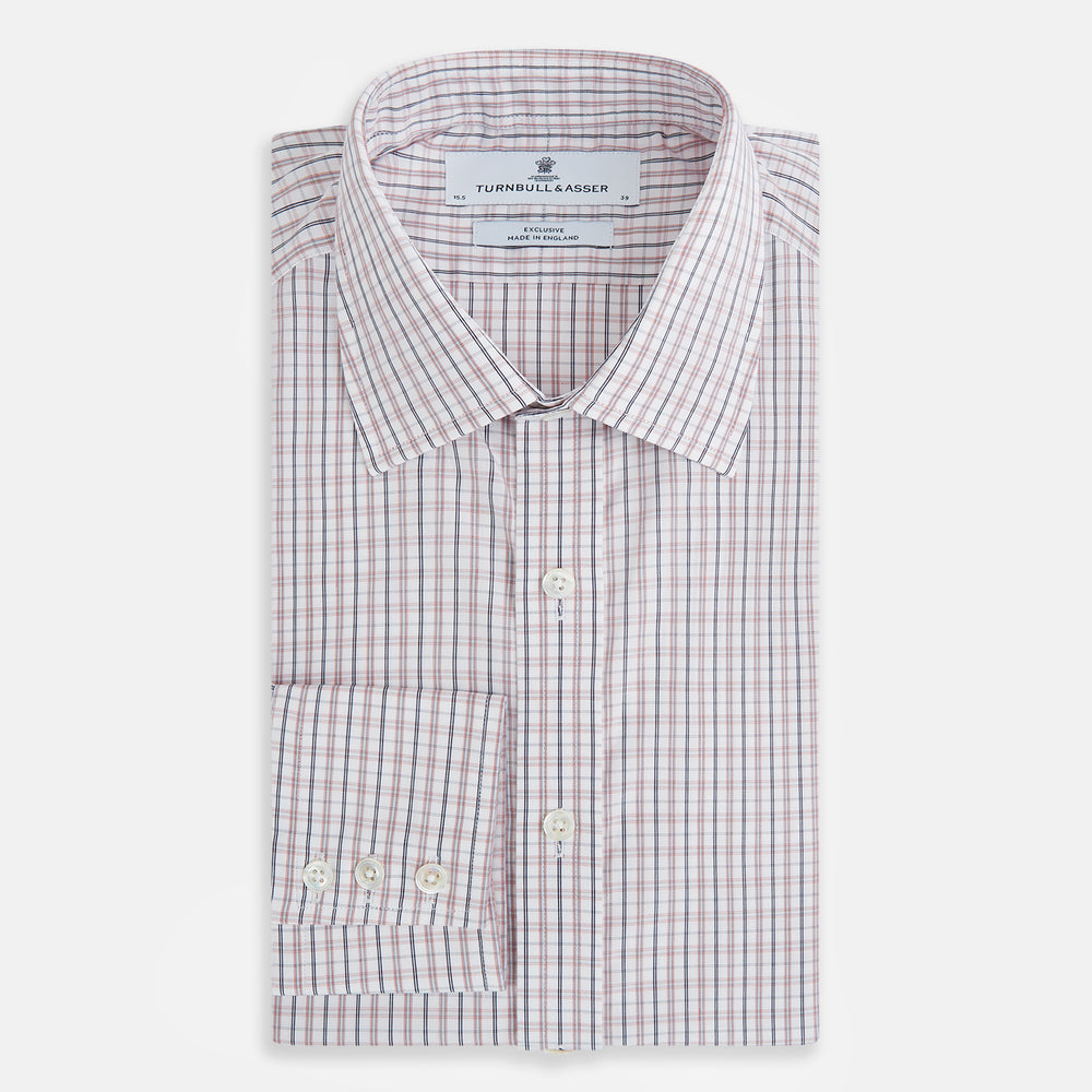 The Turnbull & Asser Red and Blue Multi Check Mayfair Shirt is a long-sleeve button-down made from Italian cotton with a white base and a light red and blue check pattern, shown laid flat on a white background.