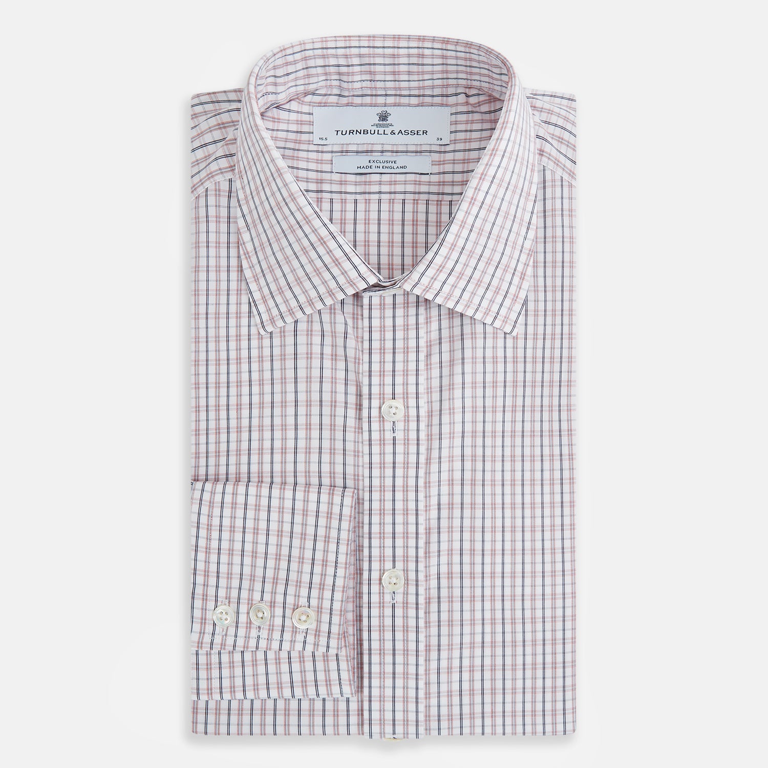 View 5 of product The Turnbull & Asser Red and Blue Multi Check Mayfair Shirt is a long-sleeve button-down made from Italian cotton with a white base and a light red and blue check pattern, shown laid flat on a white background.