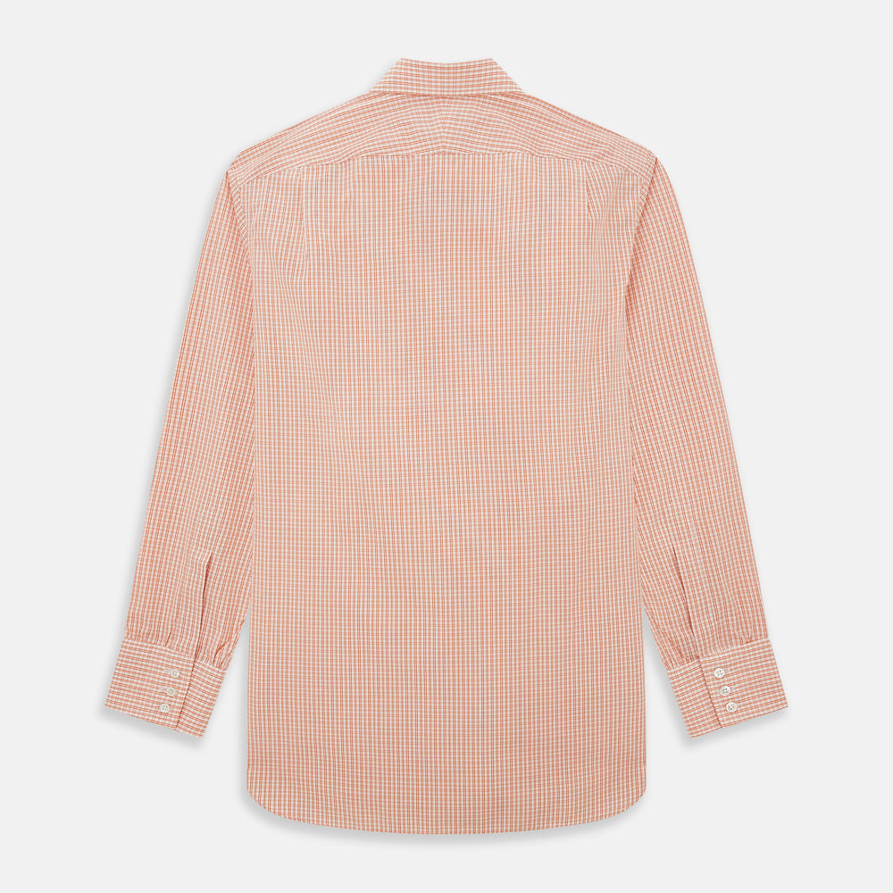 The Turnbull & Asser Orange Micro Check Mayfair Shirt, a long-sleeve button-up with a classic T&A collar and white-orange micro check pattern, is shown neatly laid flat on a white background.