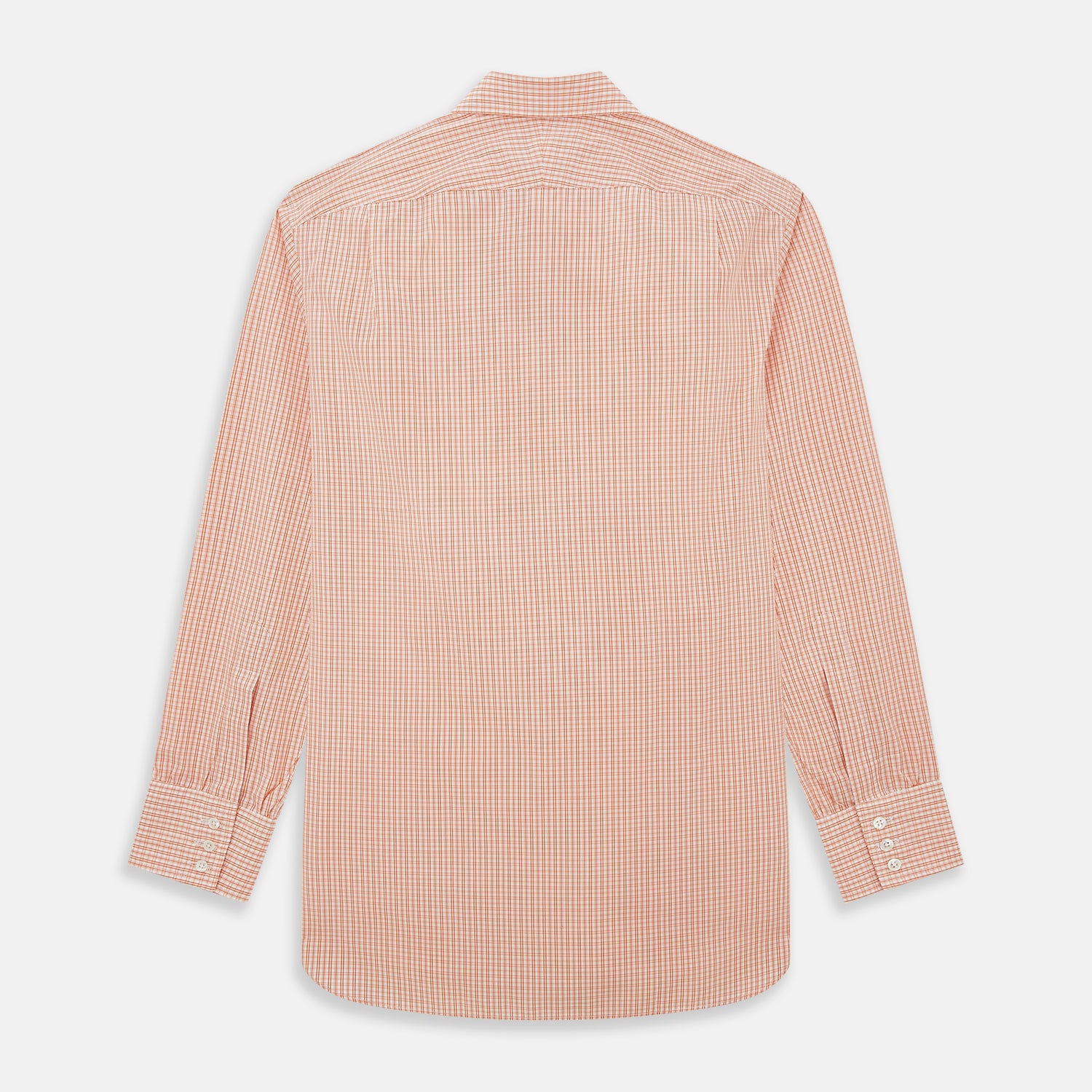 View 3 of product The Turnbull & Asser Orange Micro Check Mayfair Shirt, a long-sleeve button-up with a classic T&A collar and white-orange micro check pattern, is shown neatly laid flat on a white background.