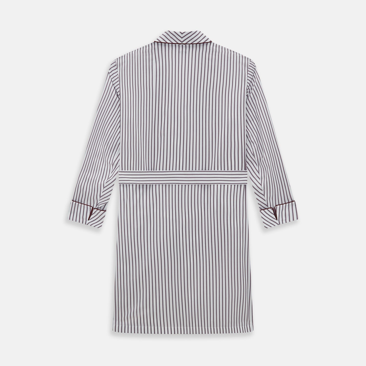 View 3 of product The Burgundy Multi Stripe Winston Gown by Turnbull & Asser features long sleeves, a shawl collar, waist belt, three pockets, and red piping accents for a classic Churchill-inspired touch.