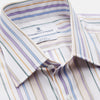 View 2 of product The Colourful Garden Multi Stripe Cotton Regular Fit Mayfair Shirt by Turnbull & Asser features a collar, buttoned cuffs, and vertical stripes in blue, yellow, pink, and white on a light background for a relaxed look.