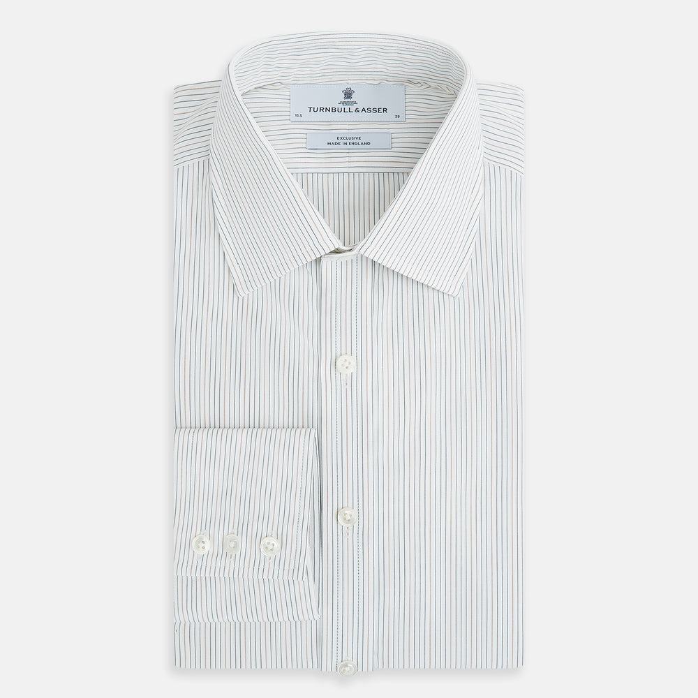 The Petrol Hairline Stripe Mayfair Shirt by Turnbull & Asser is a long-sleeved, button-up Italian cotton shirt with a subtle blue pinstripe, classic T&A collar, and buttoned cuffs, shown flat on a white background.
