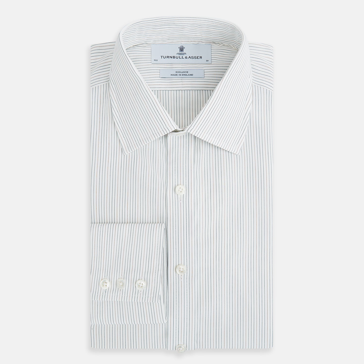 View 5 of product The Petrol Hairline Stripe Mayfair Shirt by Turnbull & Asser is a long-sleeved, button-up Italian cotton shirt with a subtle blue pinstripe, classic T&A collar, and buttoned cuffs, shown flat on a white background.