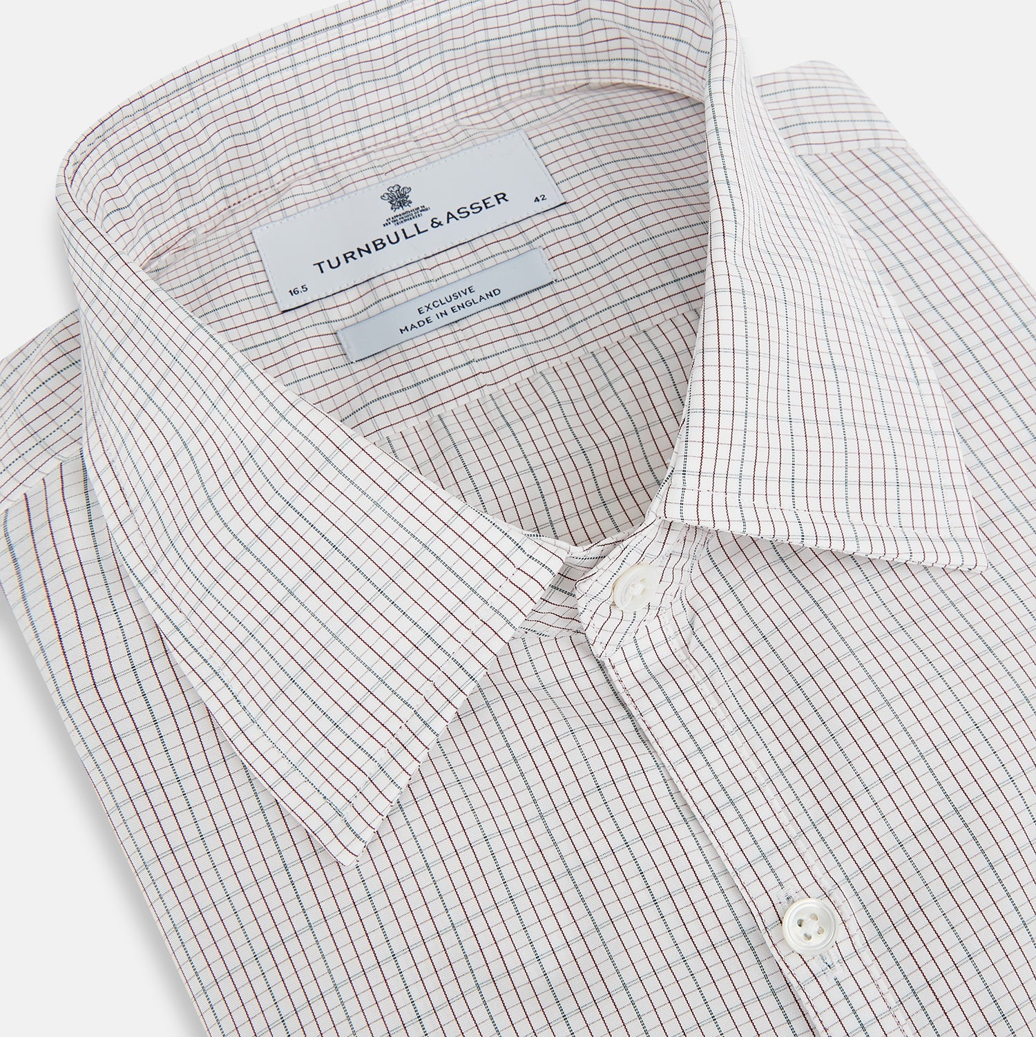 View 2 of product A long-sleeved, button-down BURGUNDY AND GREEN DOUBLE GRID CHECK WESTMINSTER SHIRT by Turnbull & Asser, featuring a classic collar and elegant check pattern—an outstanding piece of British craftsmanship.
