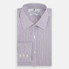 View 5 of product The Turnbull & Asser Purple Ticking Stripe Mayfair Shirt is a long-sleeve button-up with a T&A collar and slim blue-and-white vertical stripes, shown on a white background.