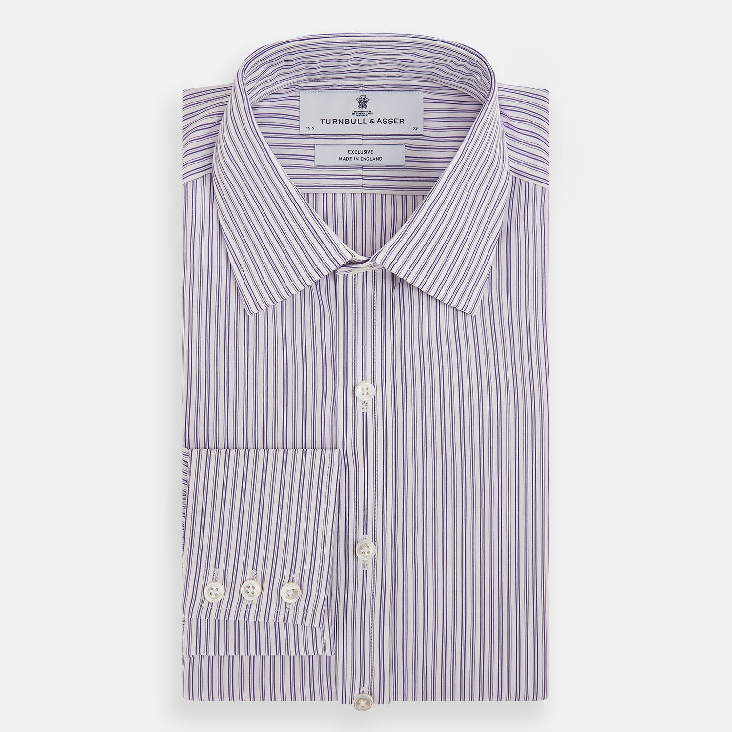 View 5 of product The Turnbull & Asser Purple Ticking Stripe Mayfair Shirt is a long-sleeve button-up with a T&A collar and slim blue-and-white vertical stripes, shown on a white background.