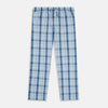 View 1 of product Turnbull & Asser Blue Multi Check Pyjama Trousers, featuring intersecting blue and white lines and a drawstring waistband, laid flat on a white background. Perfect to pair with your favorite cotton T-shirt for cozy comfort.
