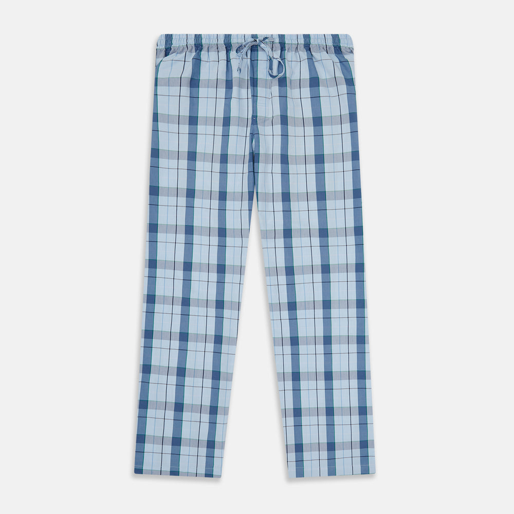 Turnbull & Asser Blue Multi Check Pyjama Trousers, featuring intersecting blue and white lines and a drawstring waistband, laid flat on a white background. Perfect to pair with your favorite cotton T-shirt for cozy comfort.