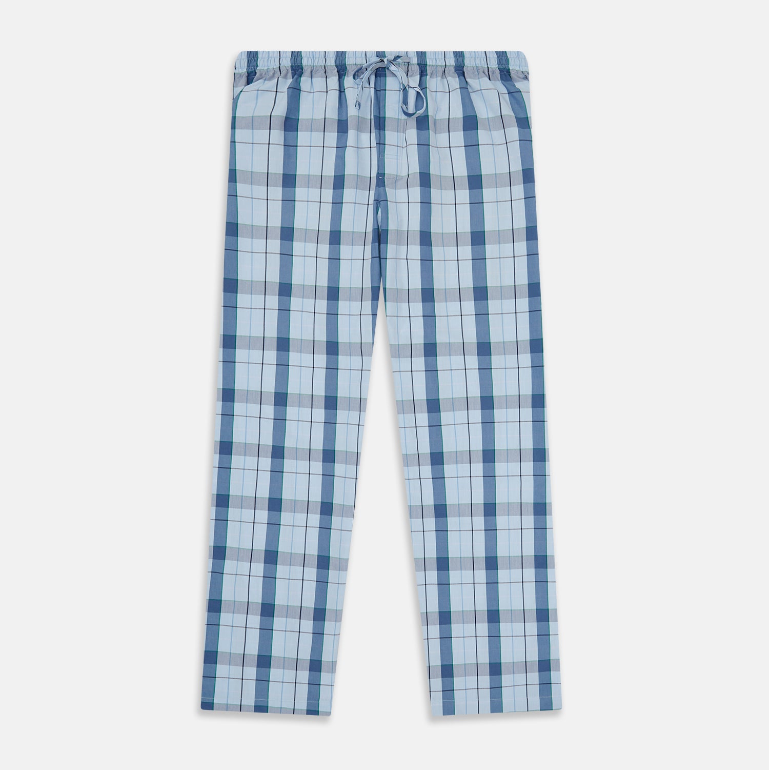 View 1 of product Turnbull & Asser Blue Multi Check Pyjama Trousers, featuring intersecting blue and white lines and a drawstring waistband, laid flat on a white background. Perfect to pair with your favorite cotton T-shirt for cozy comfort.