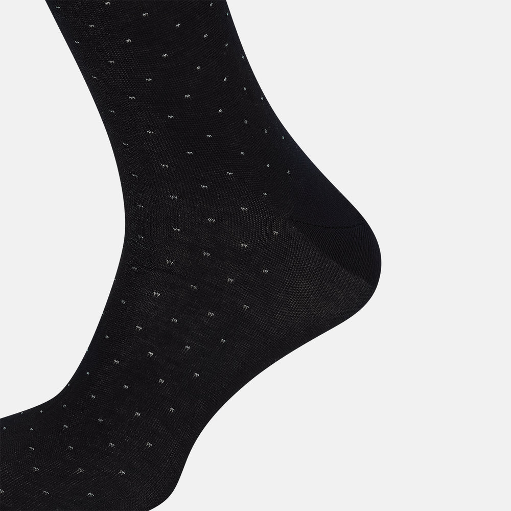 A single Navy/Pale Blue Polka Dot Mid-Length Sock by Turnbull & Asser, displayed upright on a white background.