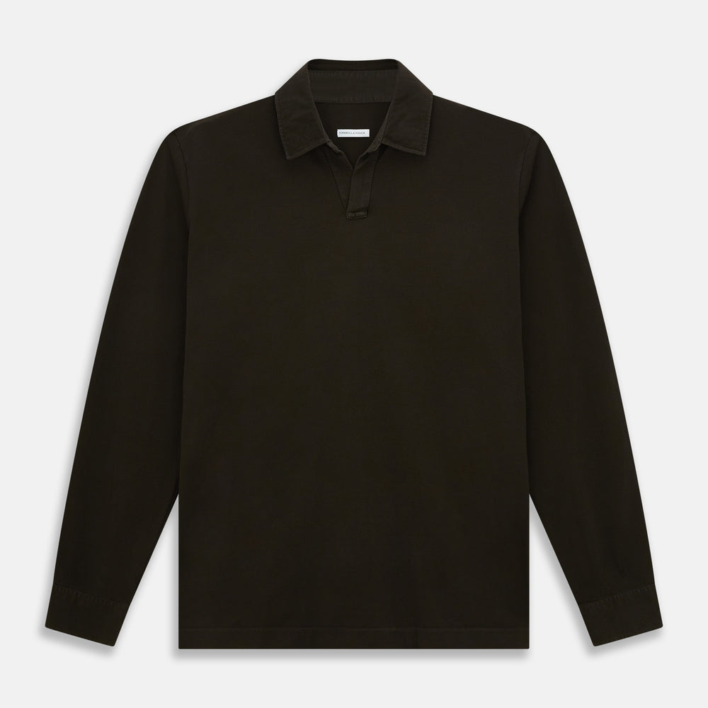 A brown Rugby Polo Shirt by Turnbull & Asser, made of pure cotton with long sleeves, a collar, and a short buttonless placket, is laid flat on a white background.