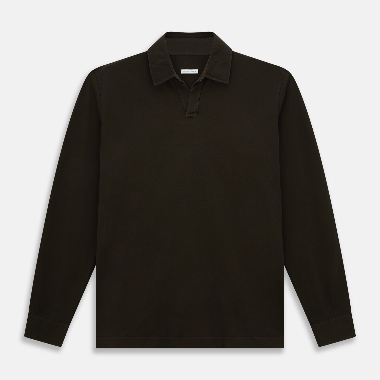 View 1 of product A brown Rugby Polo Shirt by Turnbull & Asser, made of pure cotton with long sleeves, a collar, and a short buttonless placket, is laid flat on a white background.