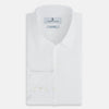 View 5 of product The Turnbull & Asser White Royal Oxford Cotton Windsor Shirt features a Turnbull open collar, long sleeves, 3-button cuffs, and a straight hem, shown against a plain white background.
