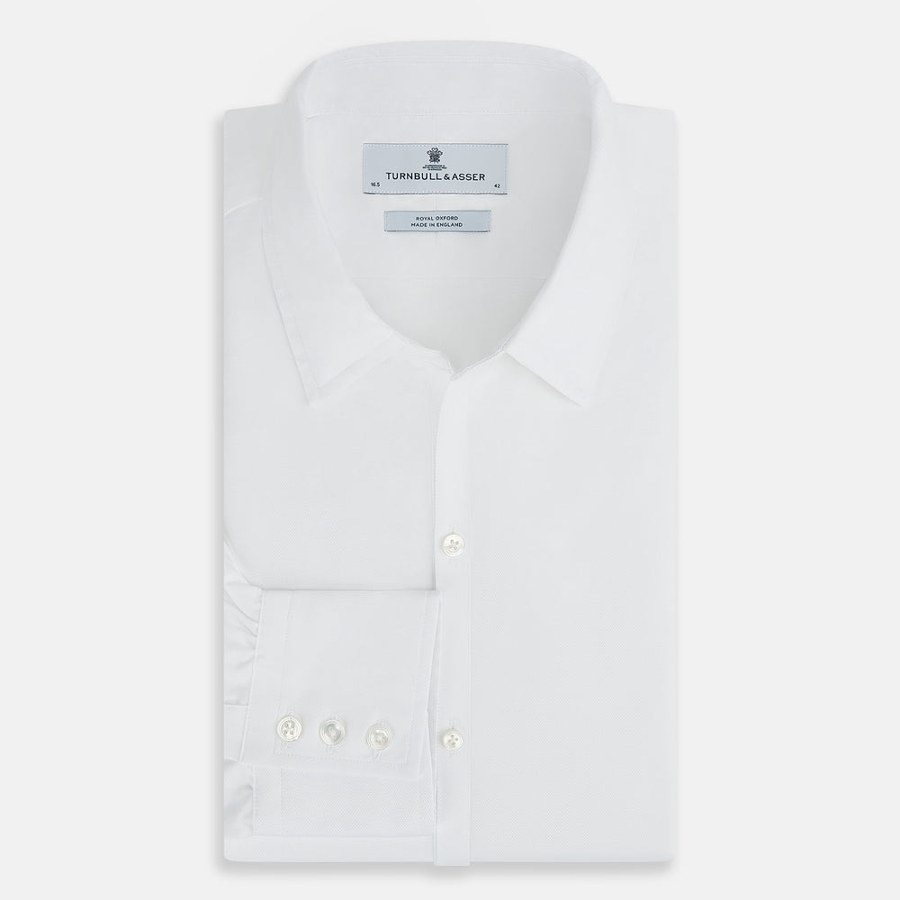 The Turnbull & Asser White Royal Oxford Cotton Windsor Shirt features a Turnbull open collar, long sleeves, 3-button cuffs, and a straight hem, shown against a plain white background.