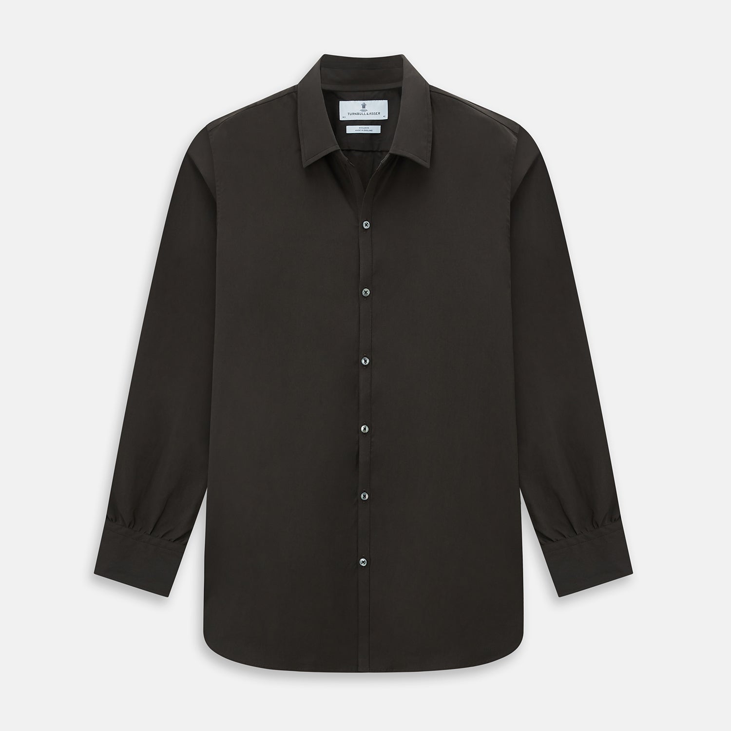 View 1 of product A brown Windsor long-sleeve button-up shirt by Turnbull & Asser with a classic collar, buttoned cuffs, and a straight hem, laid flat on a white background—showcasing refined British craftsmanship.