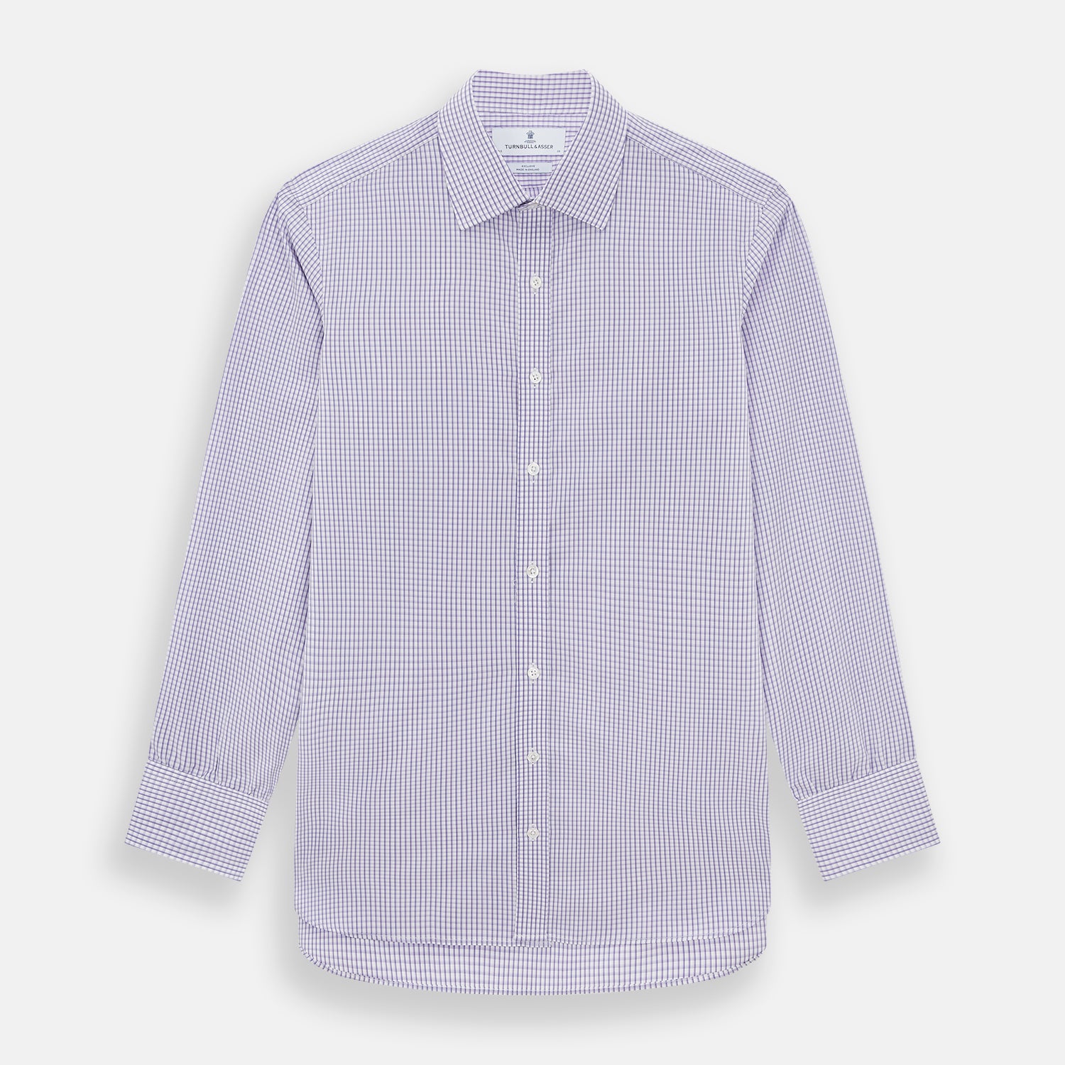 View 1 of product The Turnbull & Asser Purple Micro Shadow Check Mayfair Shirt features long sleeves, a classic collar, white buttons, and a subtle blue and white check pattern—perfect for formal wear and shown on a plain white background.