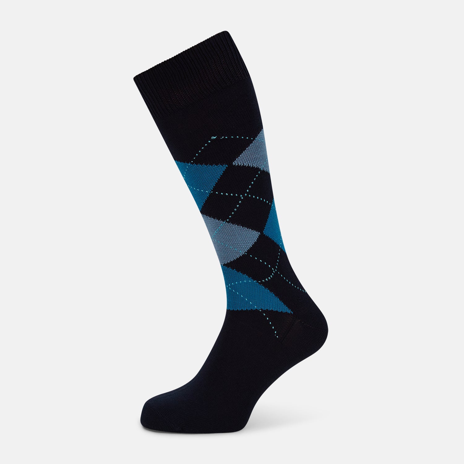 View 1 of product The Turnbull & Asser Navy Check Mid-Length Sock, crafted from ultra-soft cotton, features a blue and light blue argyle pattern with diamond shapes and dotted lines, and is showcased against a plain white background.
