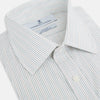 View 2 of product The Petrol Hairline Stripe Mayfair Shirt by Turnbull & Asser is a long-sleeved, button-up Italian cotton shirt with a subtle blue pinstripe, classic T&A collar, and buttoned cuffs, shown flat on a white background.