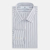 View 5 of product The Turnbull & Asser Navy Multi Stripe Mayfair Shirt features a T&A collar and premium Italian cotton, with vertical blue and white stripes. It is shown neatly laid flat on a white background.