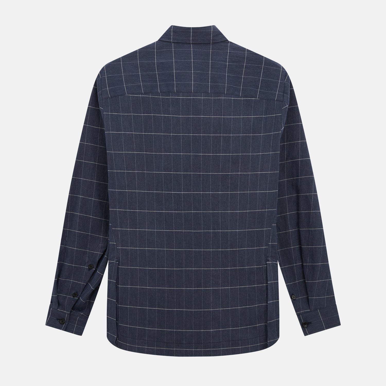 View 3 of product The Turnbull & Asser Royal Blue Check Hampstead Overshirt features a white windowpane pattern, long sleeves, two front pockets, and a chest pocket, displayed on a plain white background for an elegant classic look.