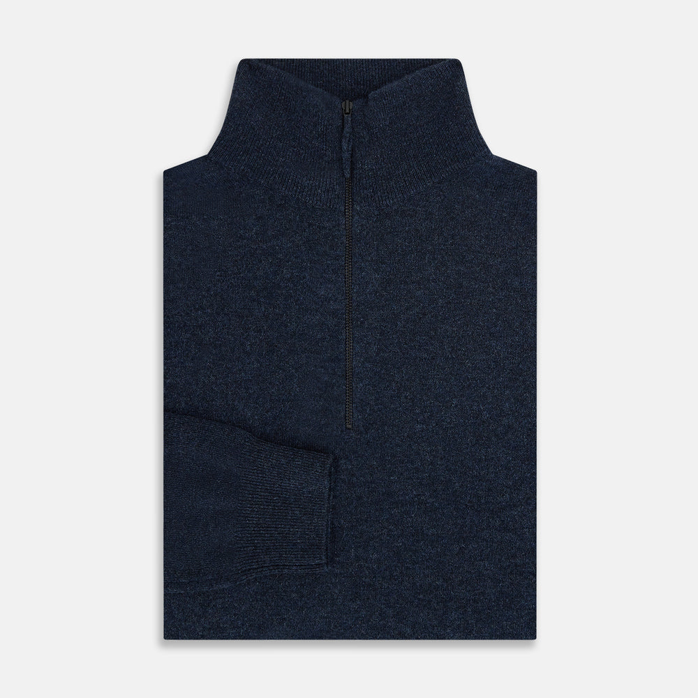 The Turnbull & Asser Navy Melange Half-Zip Cashmere Jumper features long sleeves, a high collar, and a half-zip front, showcased on a plain white background.