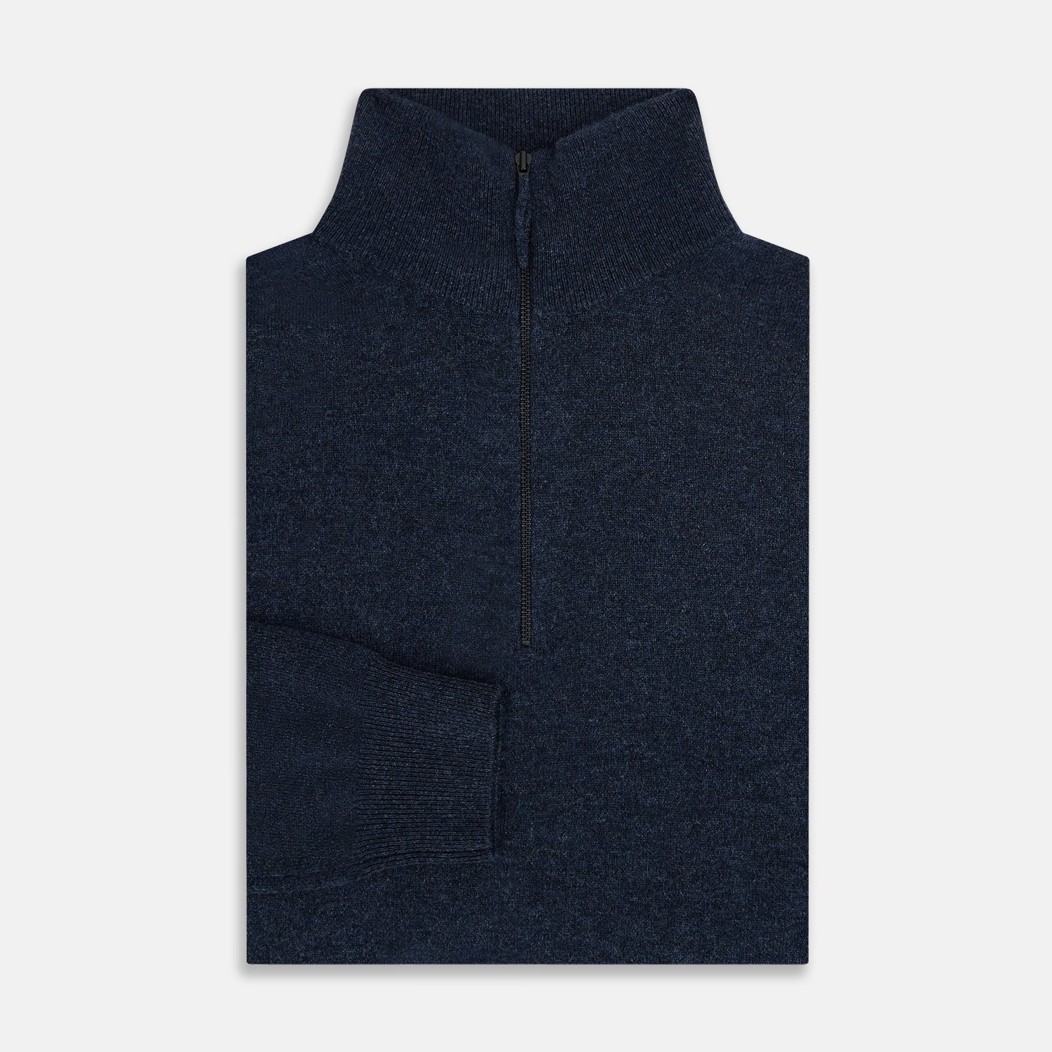 View 4 of product The Turnbull & Asser Navy Melange Half-Zip Cashmere Jumper features long sleeves, a high collar, and a half-zip front, showcased on a plain white background.