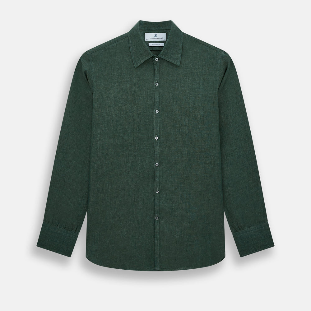 The Forest Green Linen Westminster Shirt by Turnbull & Asser features long sleeves, a Turnbull collar, and a button-up design, shown laid flat on a white background.