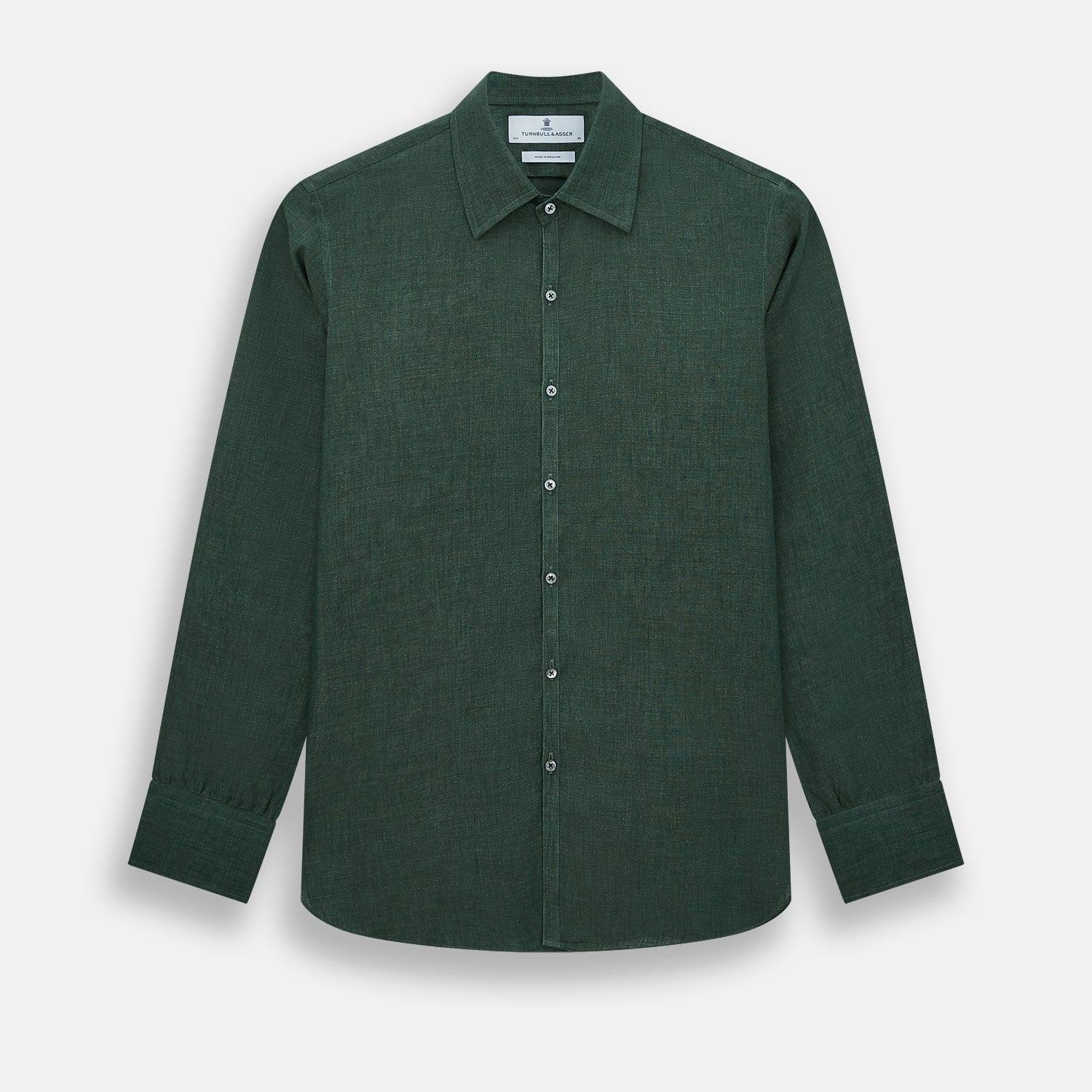 View 1 of product The Forest Green Linen Westminster Shirt by Turnbull & Asser features long sleeves, a Turnbull collar, and a button-up design, shown laid flat on a white background.