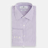 View 5 of product The Turnbull & Asser Purple Micro Shadow Check Mayfair Shirt features long sleeves, a classic collar, white buttons, and a subtle blue and white check pattern—perfect for formal wear and shown on a plain white background.