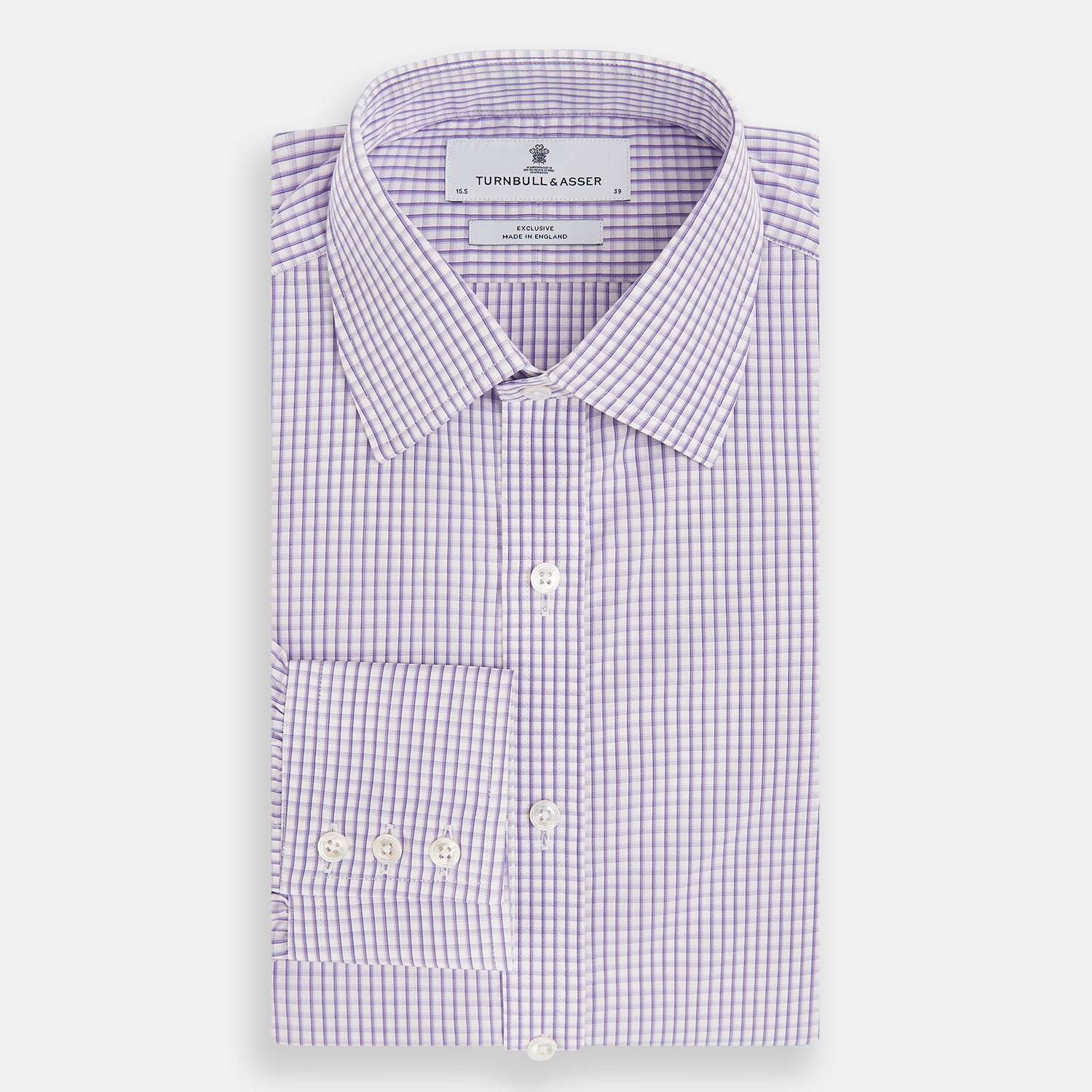 View 5 of product The Turnbull & Asser Purple Micro Shadow Check Mayfair Shirt features long sleeves, a classic collar, white buttons, and a subtle blue and white check pattern—perfect for formal wear and shown on a plain white background.