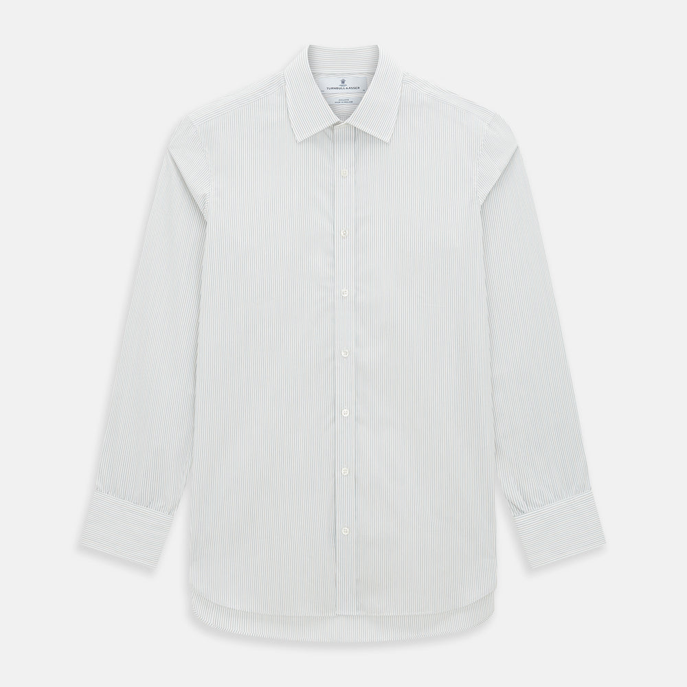 The Petrol Hairline Stripe Mayfair Shirt by Turnbull & Asser is a long-sleeved, button-up Italian cotton shirt with a subtle blue pinstripe, classic T&A collar, and buttoned cuffs, shown flat on a white background.