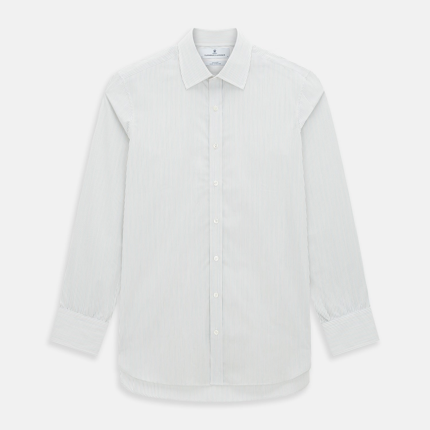 View 1 of product The Petrol Hairline Stripe Mayfair Shirt by Turnbull & Asser is a long-sleeved, button-up Italian cotton shirt with a subtle blue pinstripe, classic T&A collar, and buttoned cuffs, shown flat on a white background.