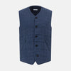 View 1 of product The Denim Blue Quilted Linen Herringbone Waistcoat by Turnbull & Asser features a sleeveless design, five black buttons, two zippered side pockets, and a small chest pocket against a plain white background.