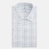 View 5 of product The Turnbull & Asser Blue and Grey Multi Check Mayfair Shirt features a T&A collar, cuffed long sleeves, and a light blue and gray plaid pattern on white.
