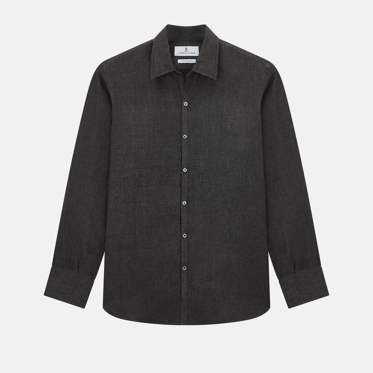 View 1 of product The Ash Linen Windsor Shirt by Turnbull & Asser is a long-sleeve, button-up black shirt with a Windsor collar and cuffs, reflecting British craftsmanship, shown on a plain white background.