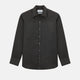 The Ash Linen Windsor Shirt by Turnbull & Asser is a long-sleeve, button-up black shirt with a Windsor collar and cuffs, reflecting British craftsmanship, shown on a plain white background.