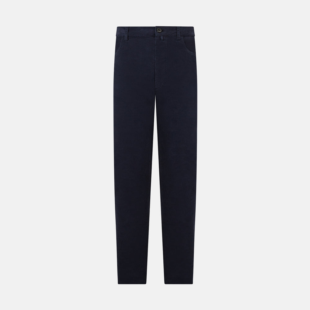 The Turnbull & Asser Light Navy Corduroy Charles Trousers feature a straight-leg fit, stretch cotton, belt loops, front pockets, and a button-zip closure—highlighting British tailoring against a white background.