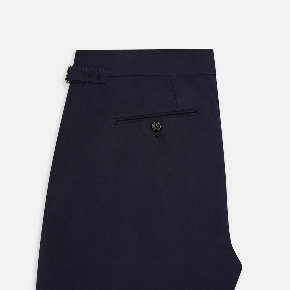 Turnbull & Asser Navy Linen Henry Trousers feature a button closure and pressed front creases, ideal as formal navy trousers, and are shown against a plain white background.