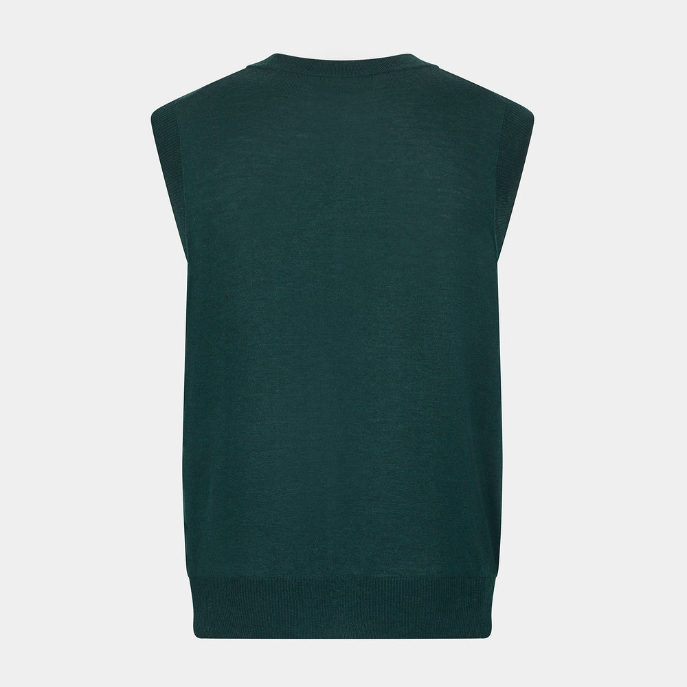 The Turnbull & Asser Petrol Green Fine Merino V-Neck Sleeveless Cardigan features two front pockets, a button-up design, and is shown against a plain white background.