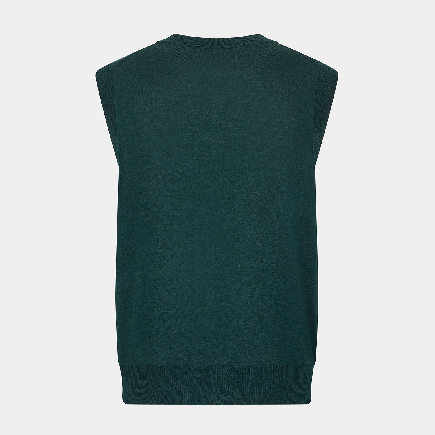 View 3 of product The Turnbull & Asser Petrol Green Fine Merino V-Neck Sleeveless Cardigan features two front pockets, a button-up design, and is shown against a plain white background.