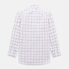 View 3 of product The Antique Pink Grid Check Mayfair Shirt by Turnbull & Asser is a long-sleeve shirt made from Italian cotton, featuring evenly spaced pink grid checks, displayed flat on a white background.