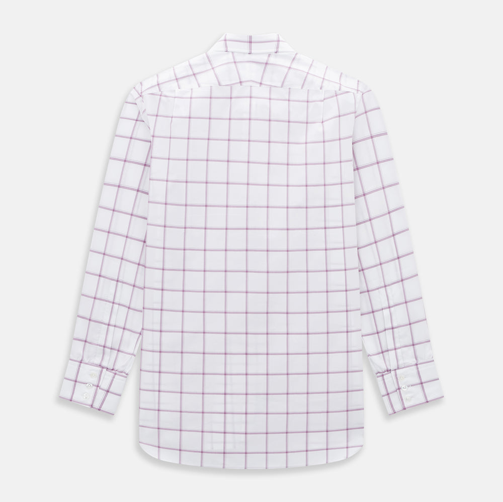 The Antique Pink Grid Check Mayfair Shirt by Turnbull & Asser is a long-sleeve shirt made from Italian cotton, featuring evenly spaced pink grid checks, displayed flat on a white background.