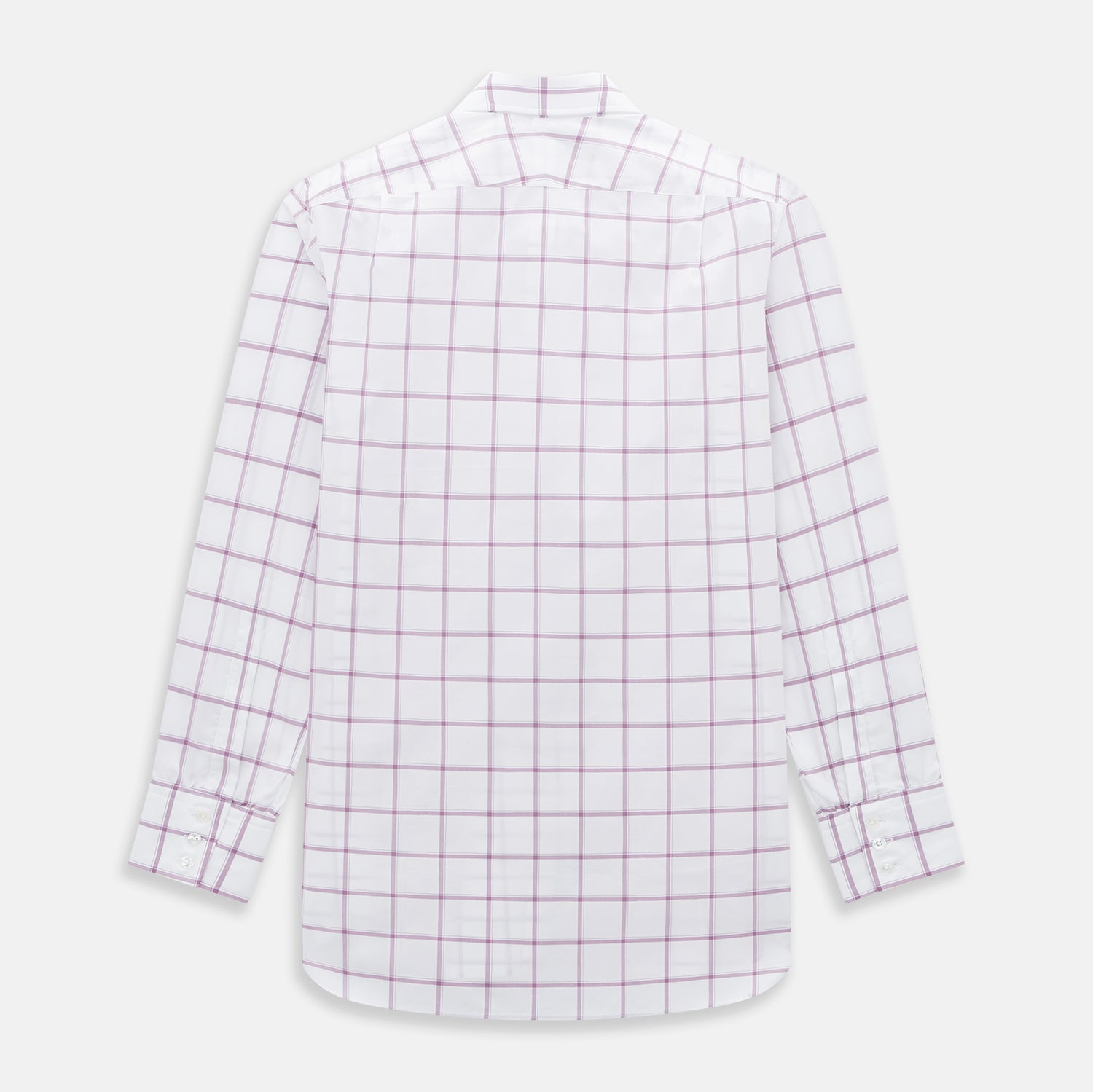View 3 of product The Antique Pink Grid Check Mayfair Shirt by Turnbull & Asser is a long-sleeve shirt made from Italian cotton, featuring evenly spaced pink grid checks, displayed flat on a white background.