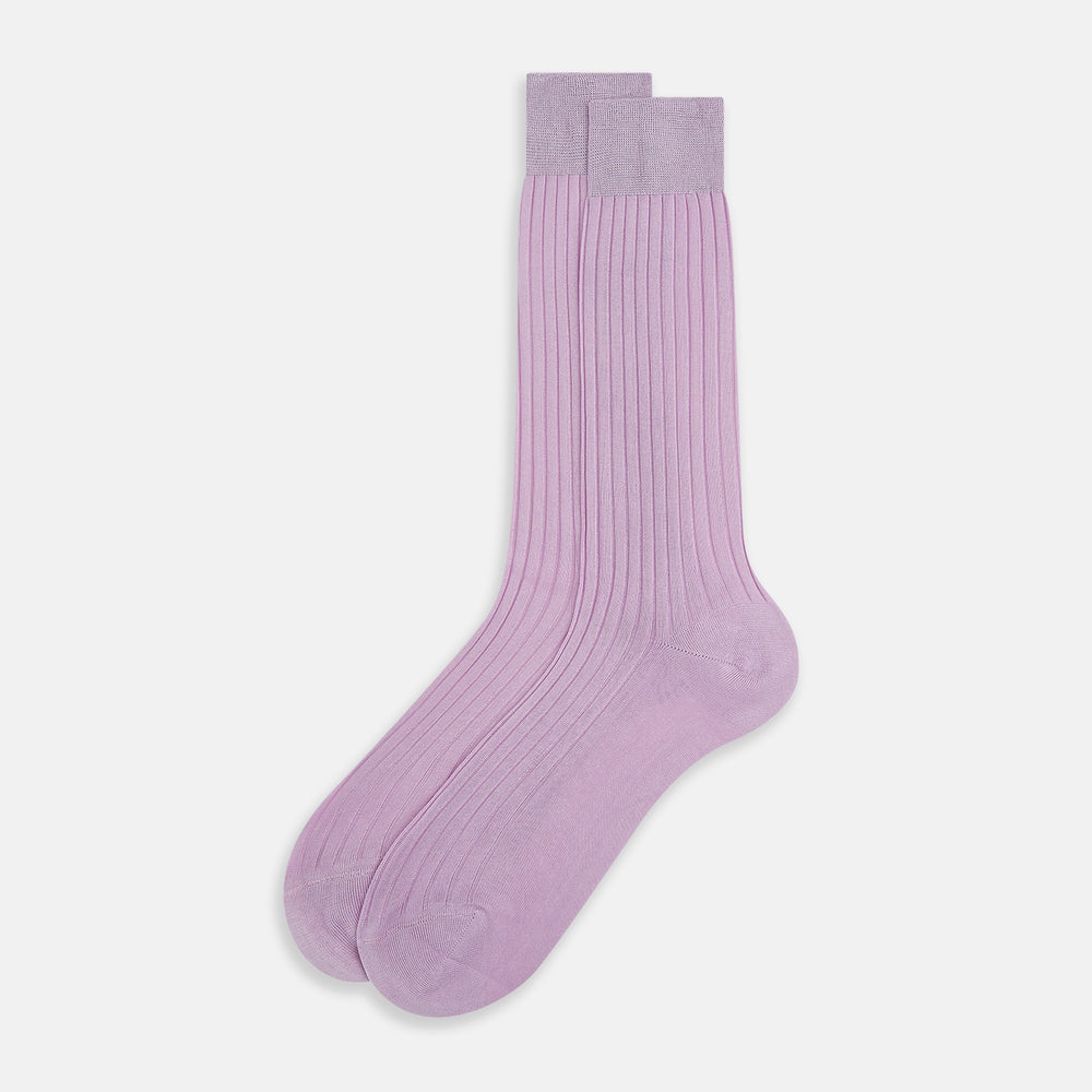 The Rose Mid-Length Socks by Turnbull & Asser are light purple, ribbed, mid-length socks made from mercerised Egyptian cotton with a hand-linked toe, shown against a plain white background.