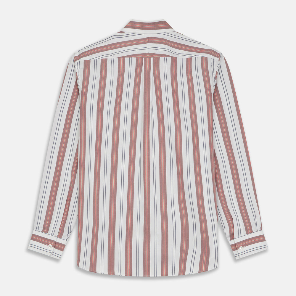 The Turnbull & Asser Red, Blue & White Stripe Weekend Fit Shirt features a Derby collar, 1-button cuffs, and crisp stripes—ideal for stylish winter layering.