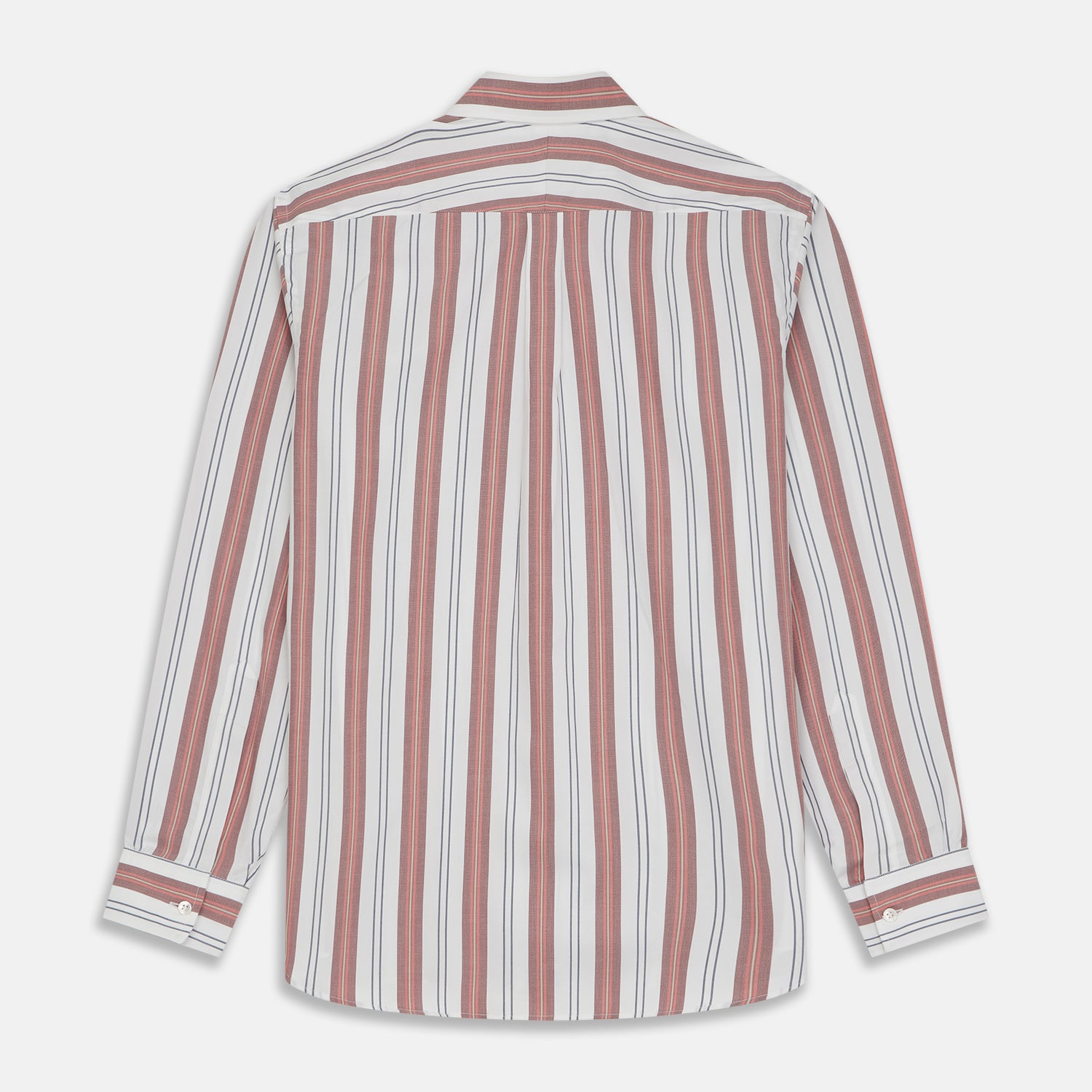 View 6 of product The Turnbull & Asser Red, Blue & White Stripe Weekend Fit Shirt features a Derby collar, 1-button cuffs, and crisp stripes—ideal for stylish winter layering.