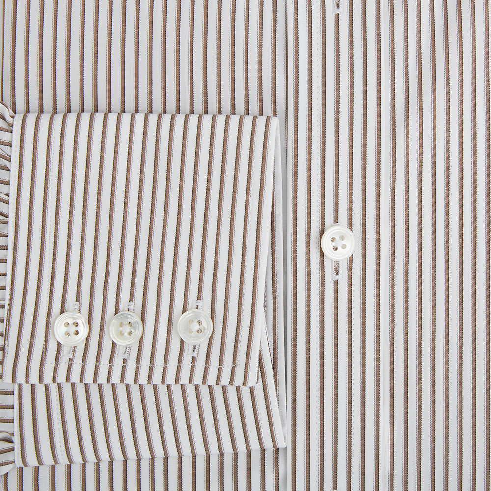 The Coffee Shadow Stripe Mayfair Shirt by Turnbull & Asser is a long-sleeve, button-down style with a T&A collar and fine beige and white stripes, crafted from premium Italian cotton and shown on a white background.